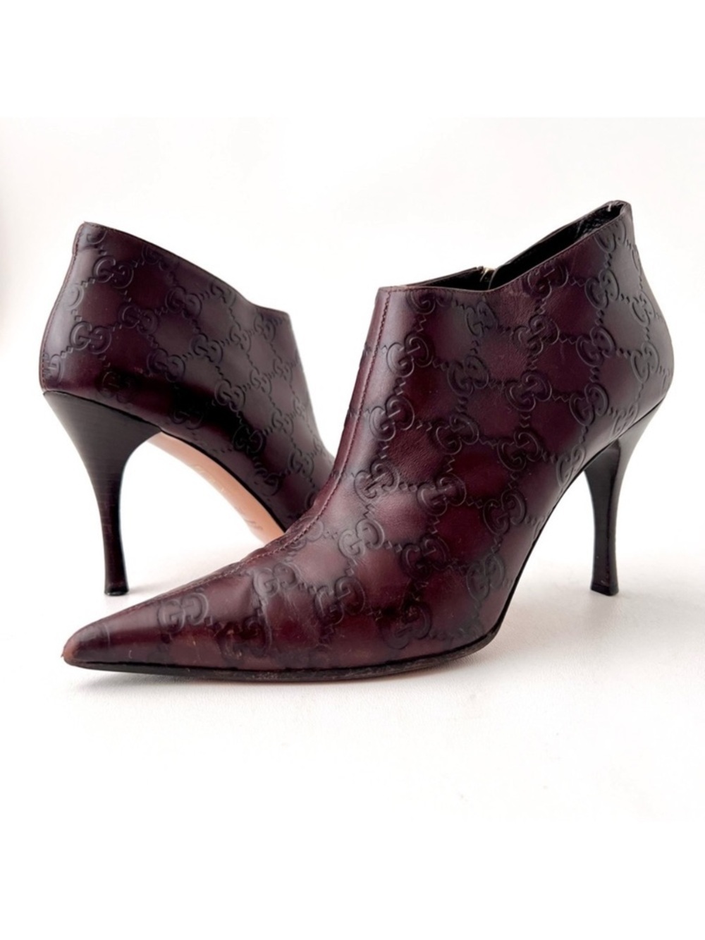 GUCCI | Brown Guccissima GG Logo Leather Pointed Toe Stiletto Ankle Booties 7B